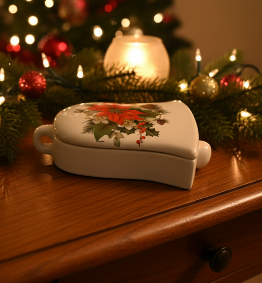 Christmas Bell-Shaped Ceramic Holiday Box – Poinsettia, Pine & Holly | 1980s