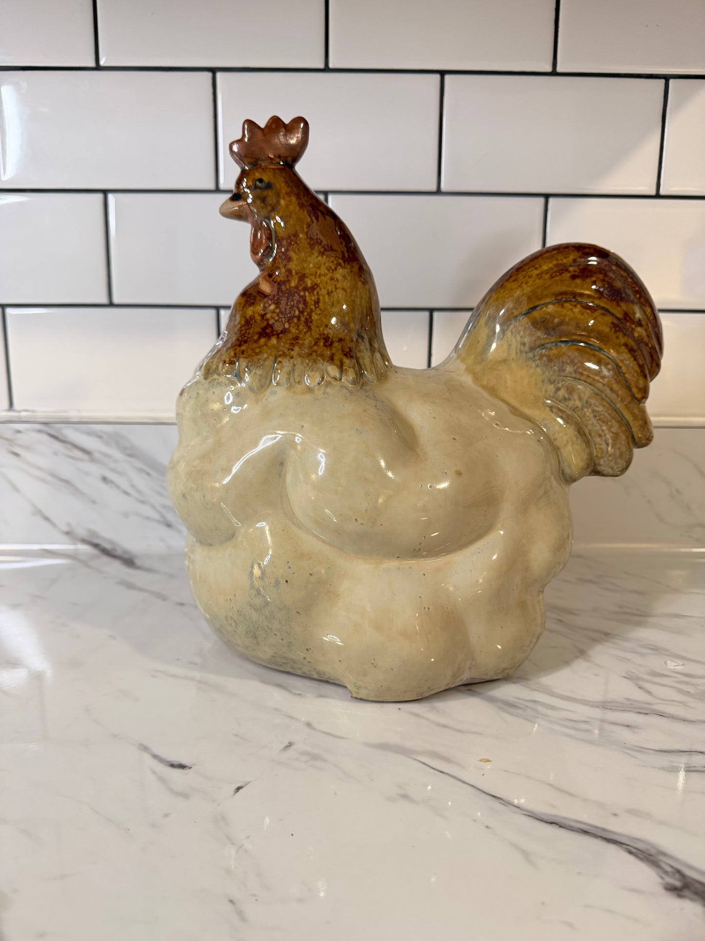 Large Vintage Drip Glaze Pottery Rooster Figurine – 10”