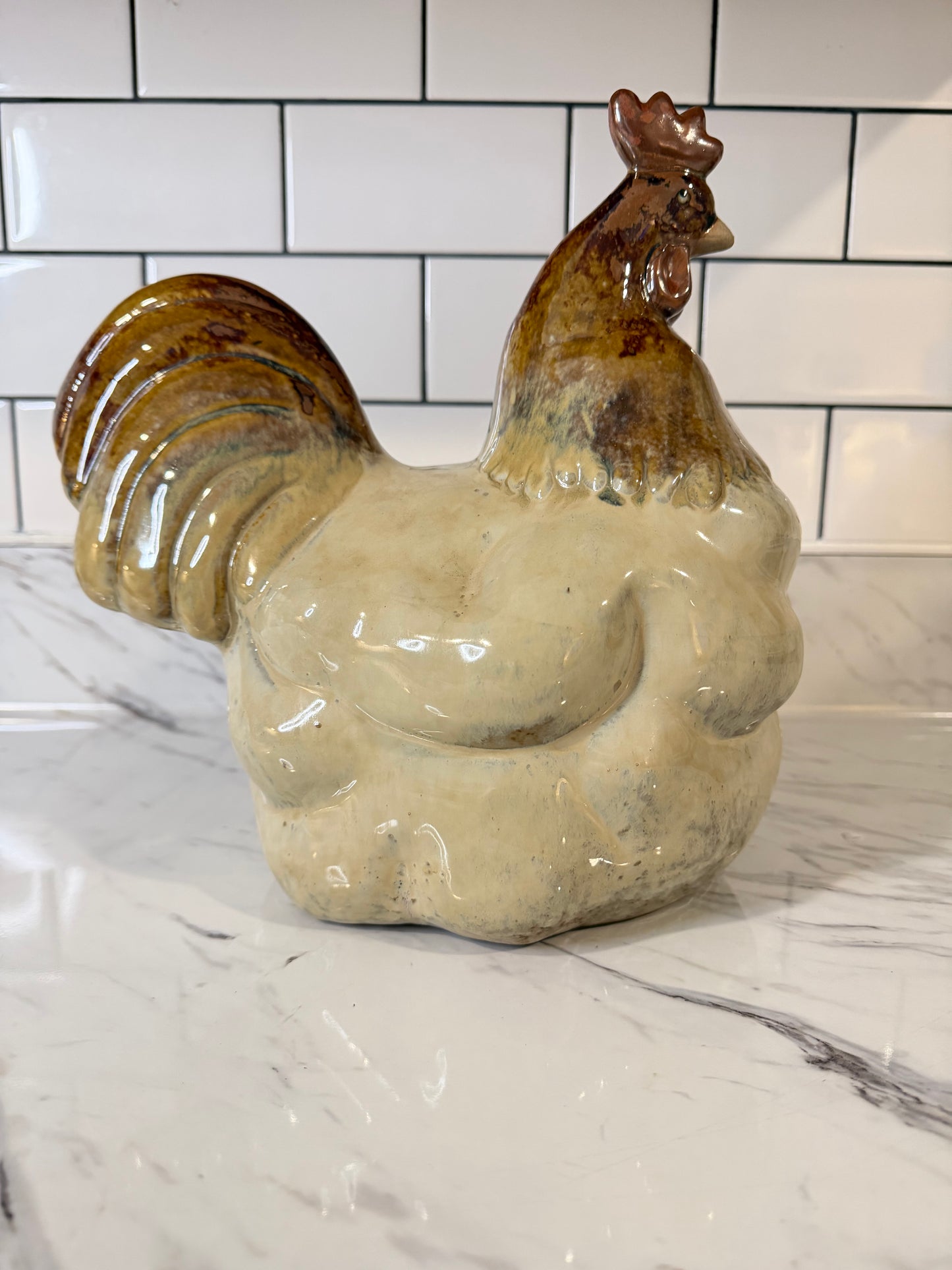 Large Vintage Drip Glaze Pottery Rooster Figurine – 10”