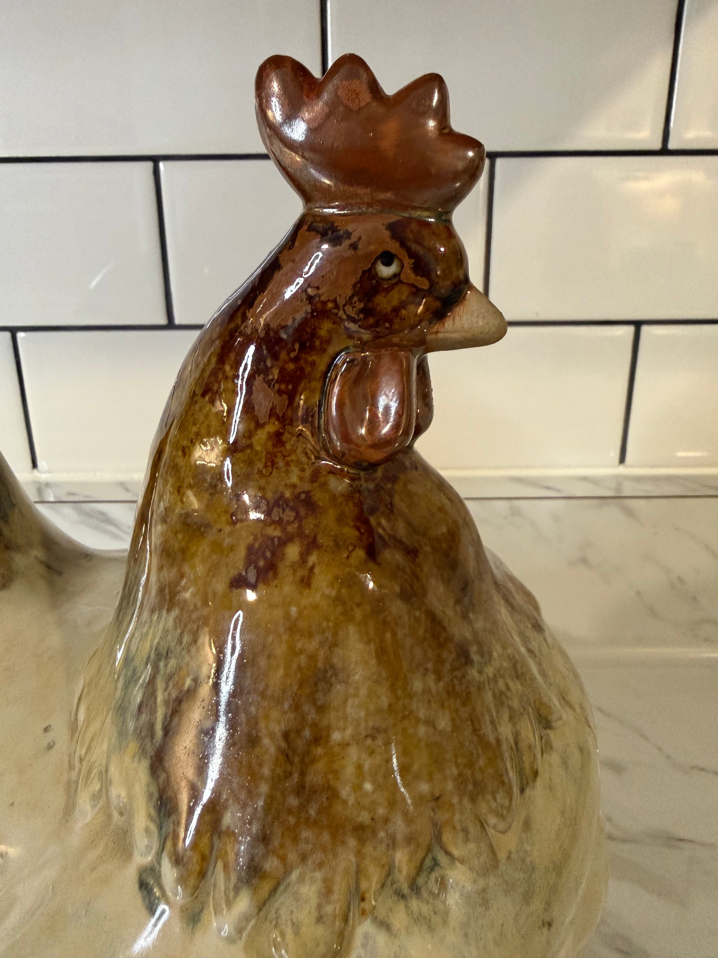 Large Vintage Drip Glaze Pottery Rooster Figurine – 10”