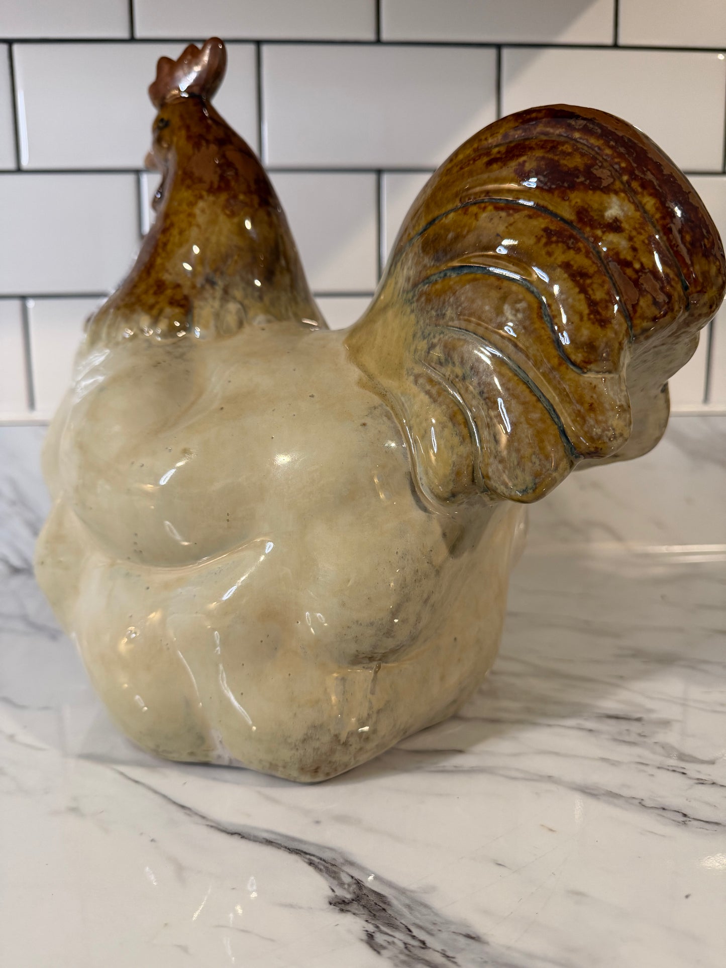 Large Vintage Drip Glaze Pottery Rooster Figurine – 10”