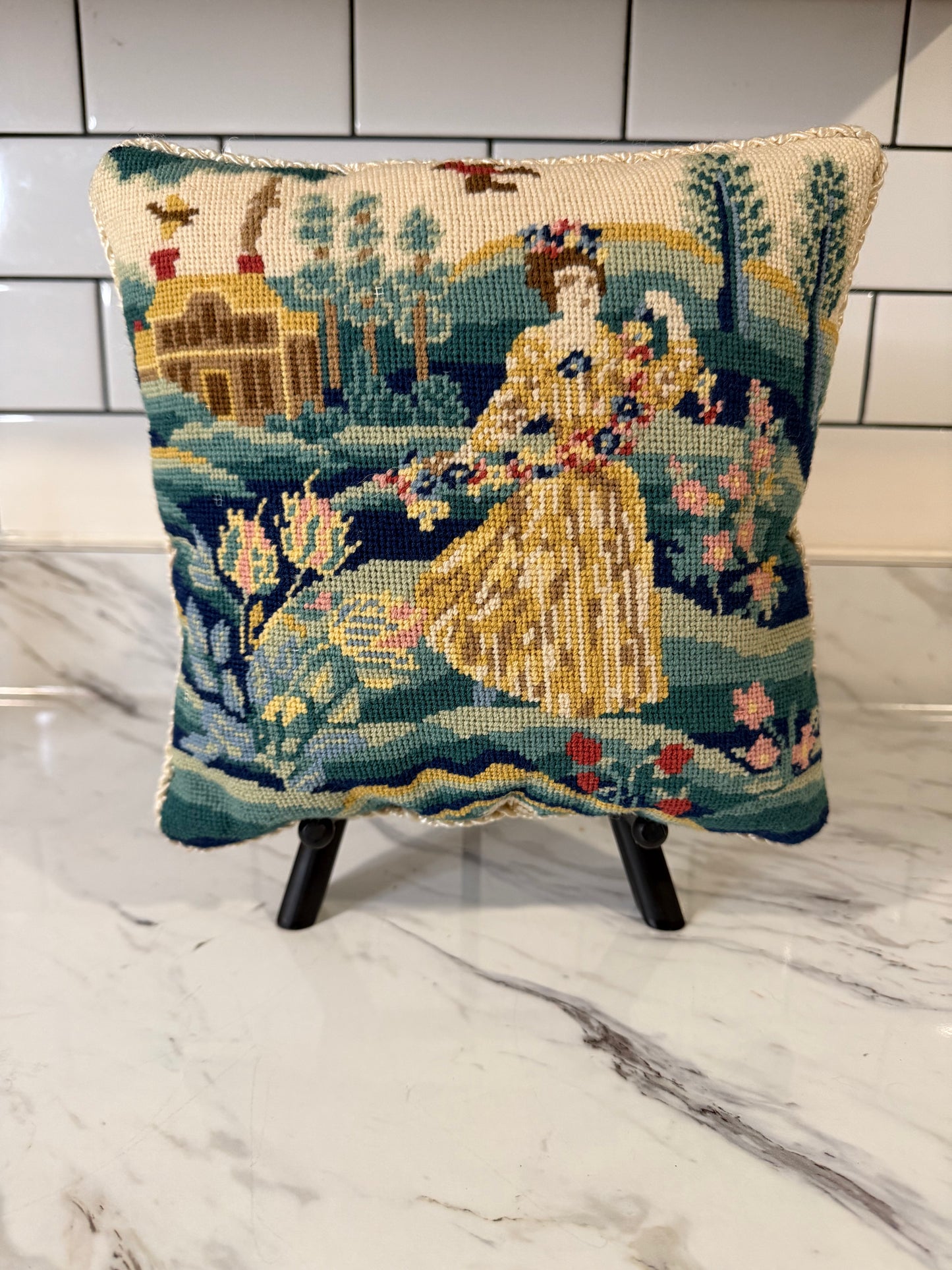 Vintage Needlepoint French Country Pillow