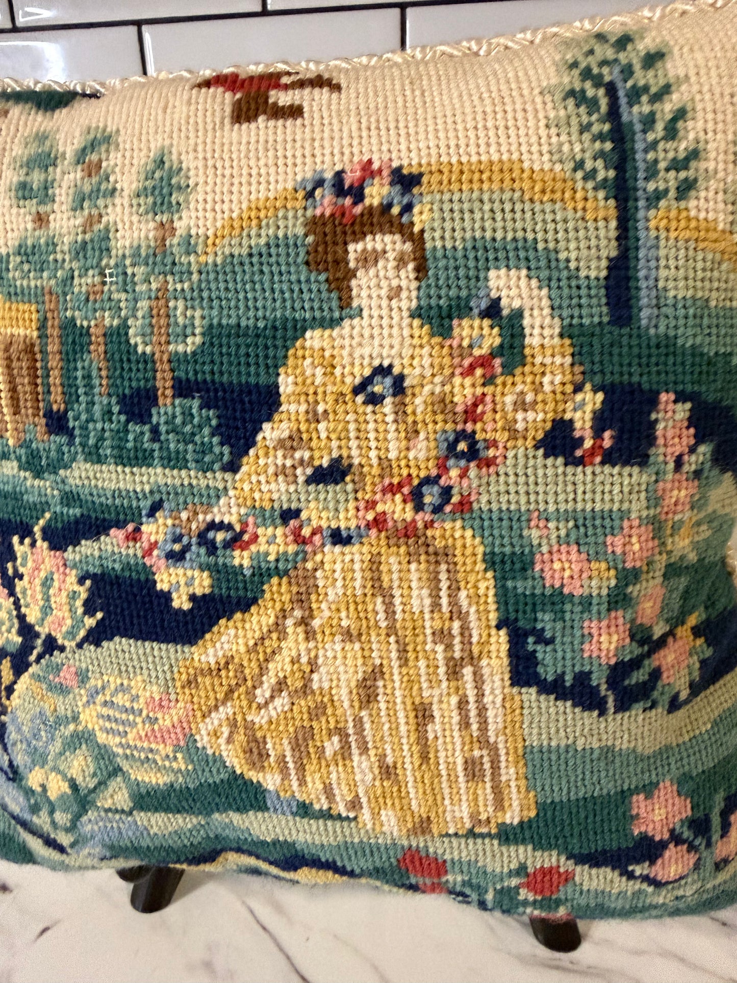 Vintage Needlepoint French Country Pillow