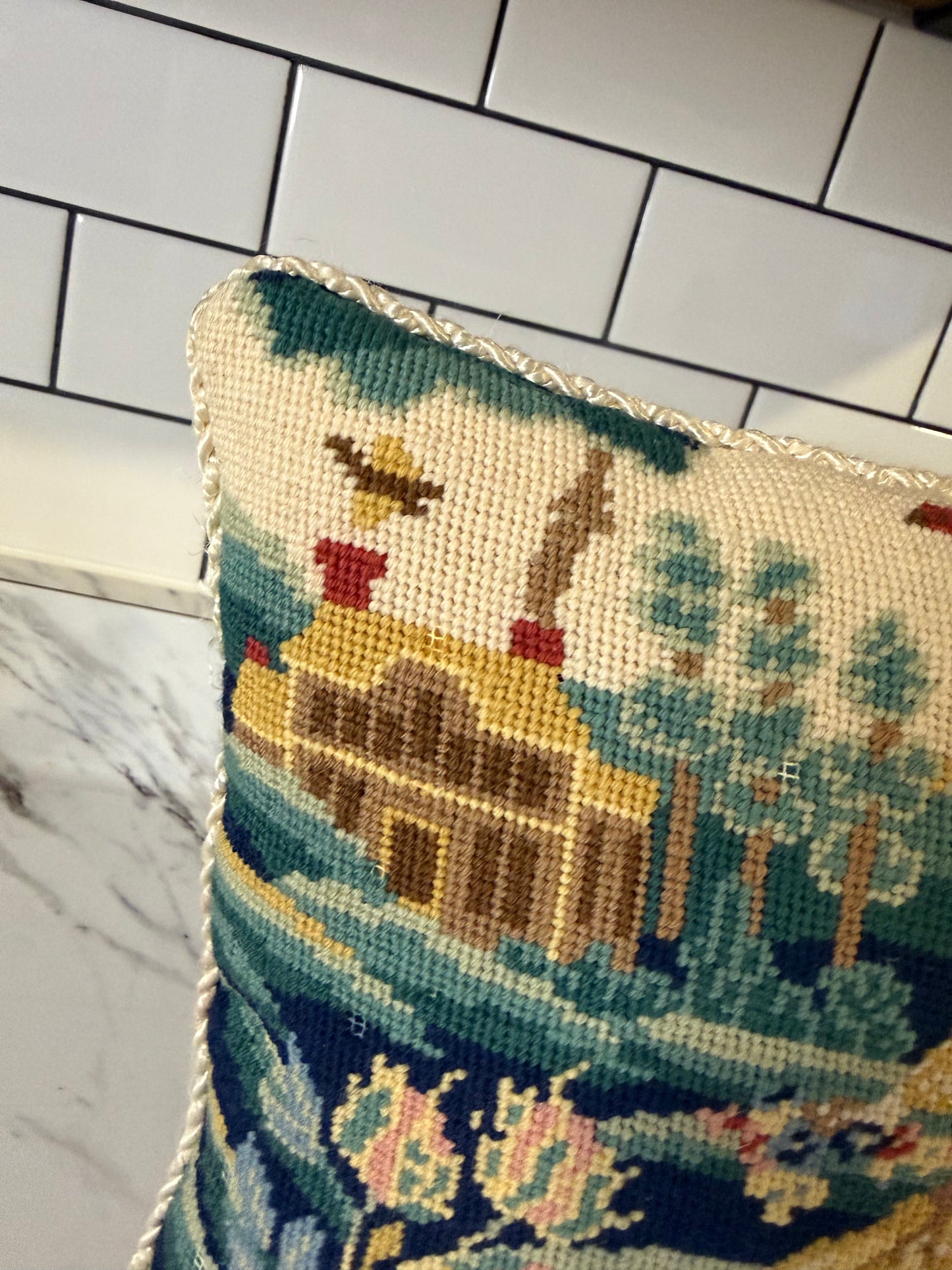 Vintage Needlepoint French Country Pillow