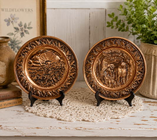 Coppercraft Guild Vintage Embossed Copper Wall Plates – Set of 2 | Frontier & Blacksmith Scenes | 13” Rustic Wall Decor