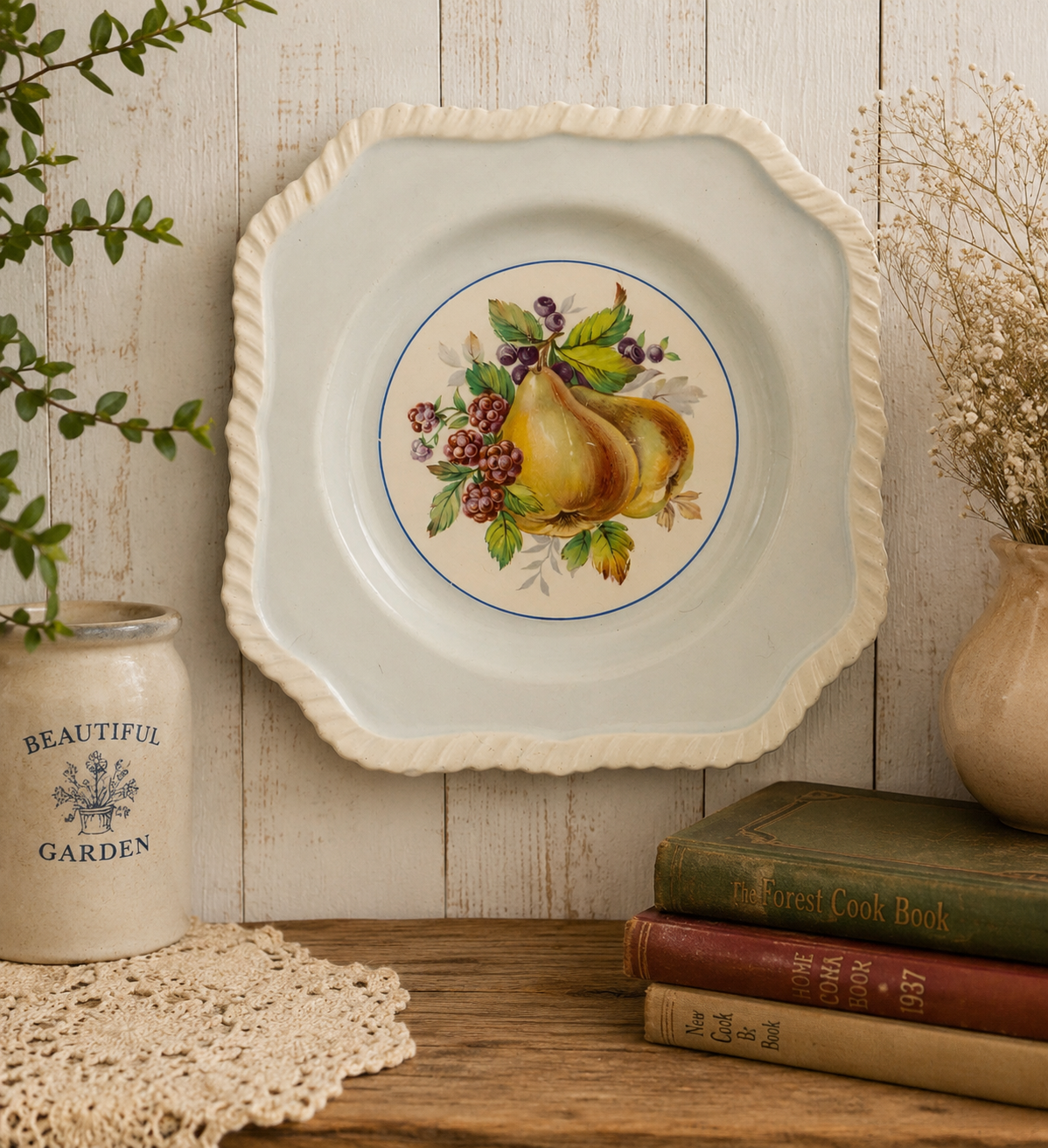 Johnson Brothers “California” Vintage Square Salad Plate – Pear & Berry Pattern (Wall Hanging Ready)
