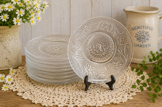Tiara Exclusives / Indiana Glass  “Sandwich” Pattern Vintage 6”Clear Plates – Set of 9