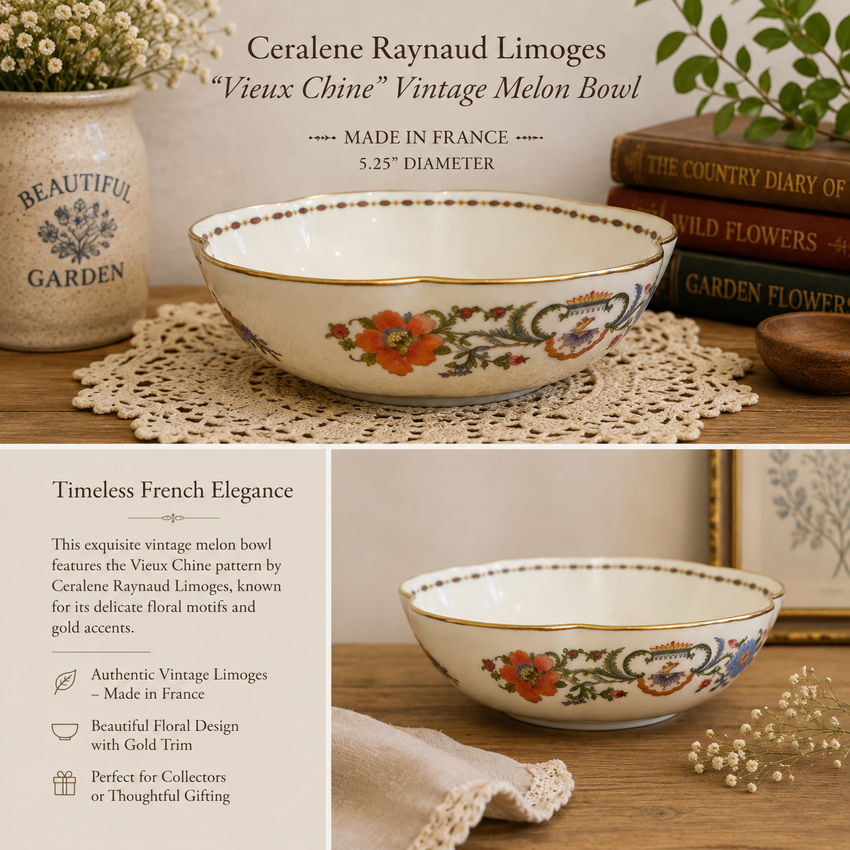 Ceralene Raynaud Limoges “Vieux Chine” Vintage Melon Bowl – Made in France | 5.25”