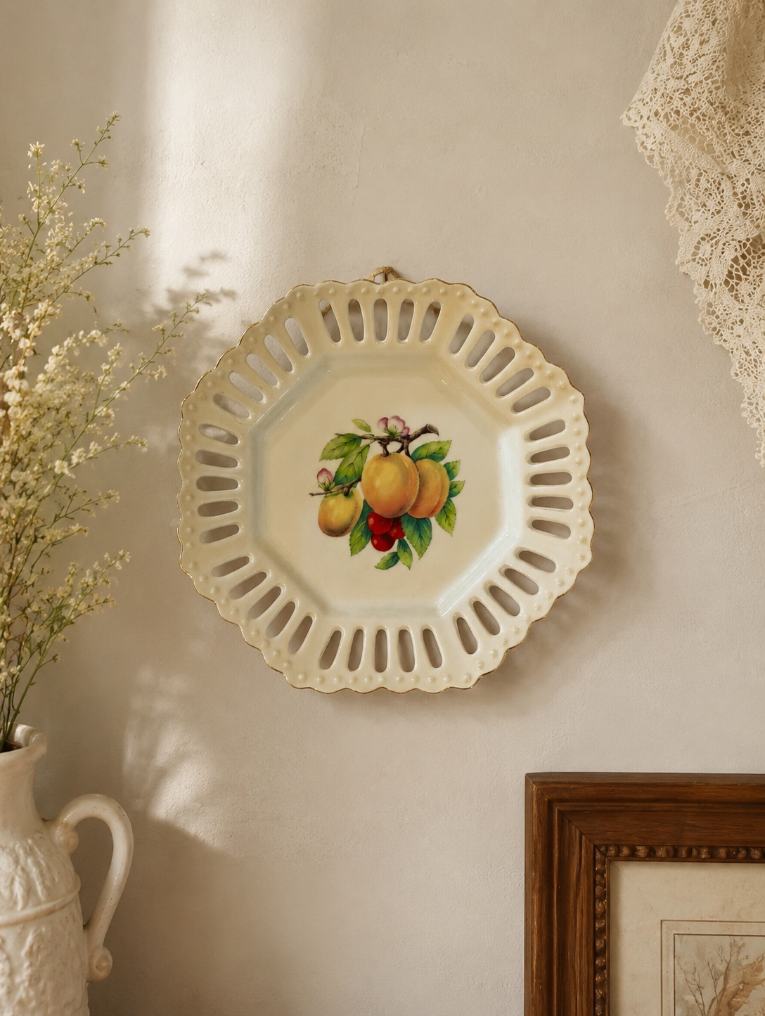 German Reticulated Porcelain Vintage Wall Plate | Cottagecore Fruit Decor | Gold Gilt Pierced Hanging Plate