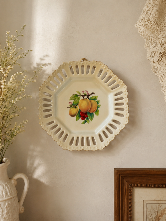 German Reticulated Porcelain Vintage Wall Plate | Cottagecore Fruit Decor | Gold Gilt Pierced Hanging Plate