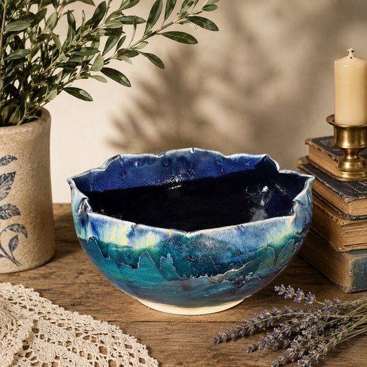 Hand-Thrown Studio Art Pottery Bowl – Blue & Green Reactive Drip Glaze Stoneware