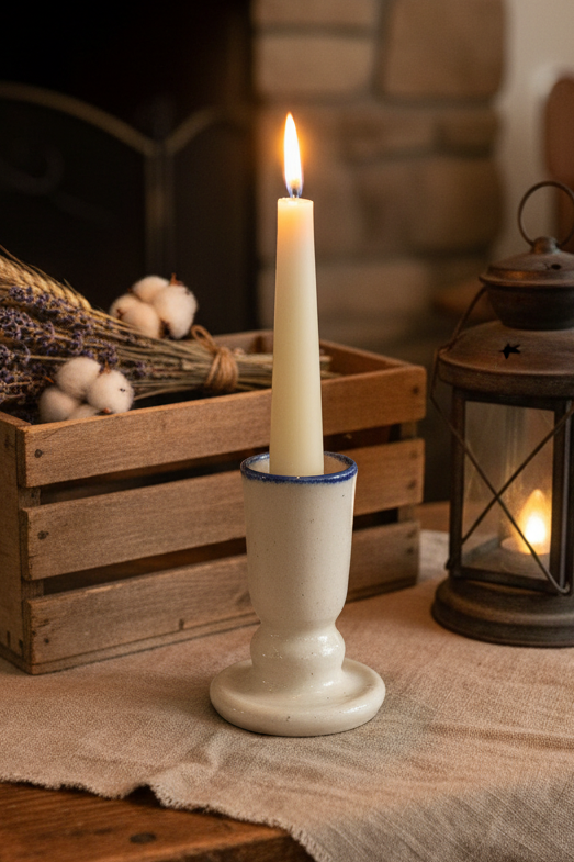 Salt Glazed Vintage Stoneware Candlestick Holder – Williamsburg Pottery Cobalt Blue Accent, 3.5”