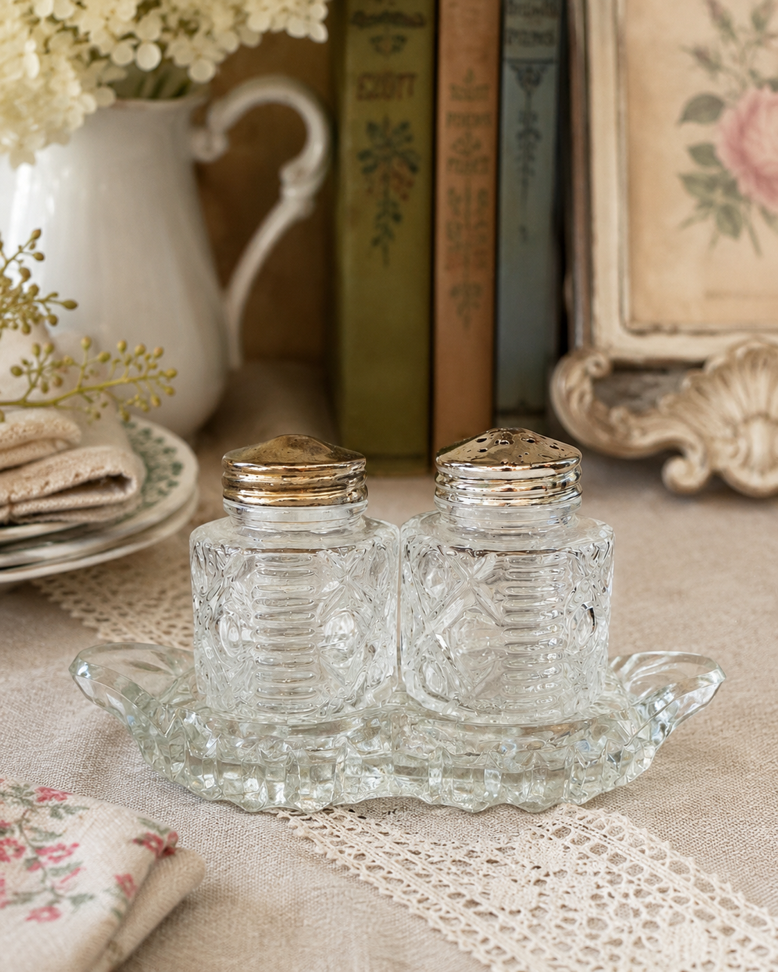 Pressed Glass Vintage Salt & Pepper Shakers with Double Glass Holder