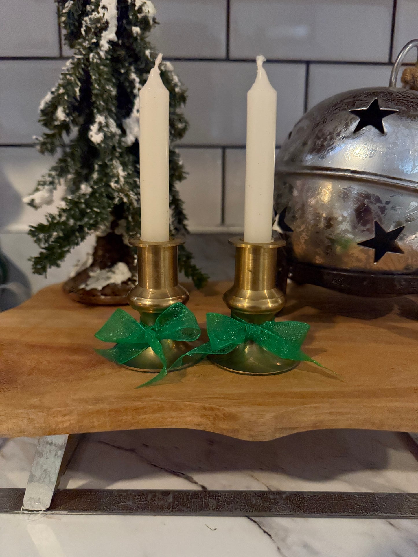 Vintage Brass Candle Holders with Green Bow & Candles Included - Candlesticks Repurposed