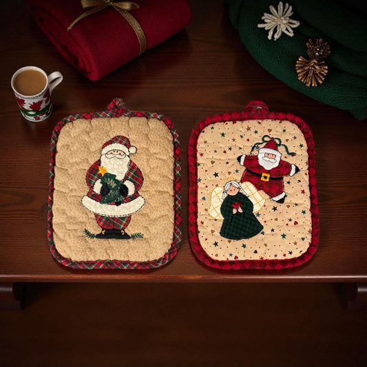 Set of 2 Vintage Cottagecore Christmas Potholders – Santa & Angel Designs, Plaid Back