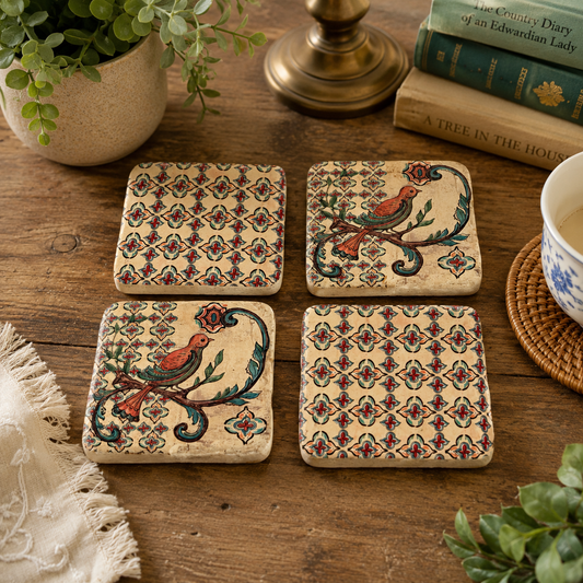 Kate McRostie Vintage Old World Bird Ceramic Tile Coasters – Set of 4