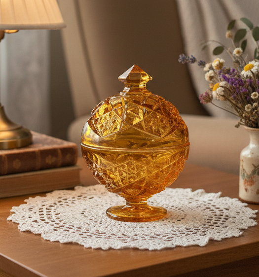Kemple Vintage Glass Amber Covered Compote Candy Dish