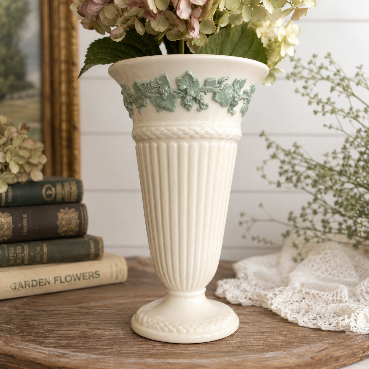 Wedgwood Embossed Queen’s Ware Celadon Green Grapevine Trumpet Vintage Vase – England – 6.5”
