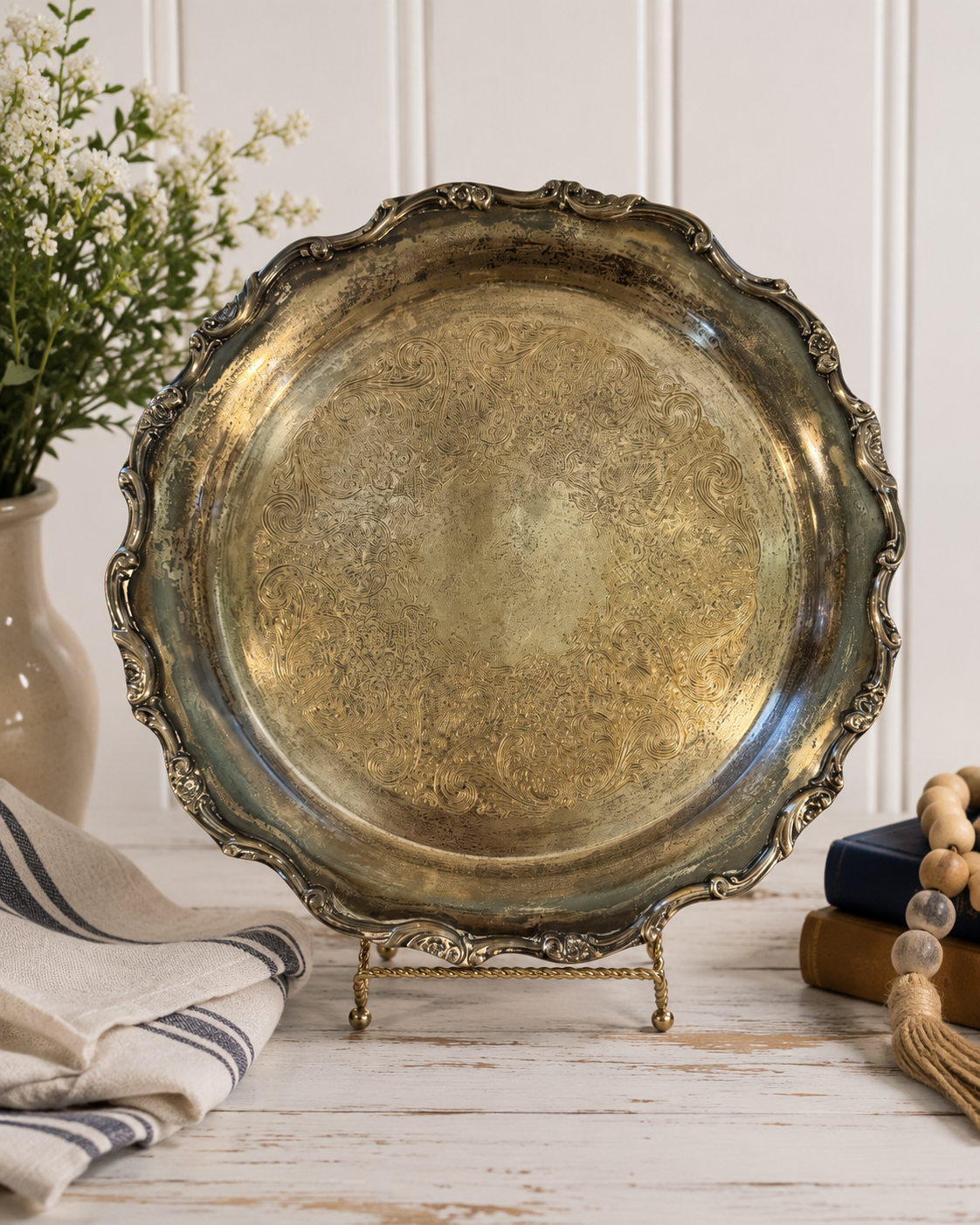 Wm Rogers Silverplate Vintage Heavy Serving Tray – 13” Round Etched Floral Scalloped Platter