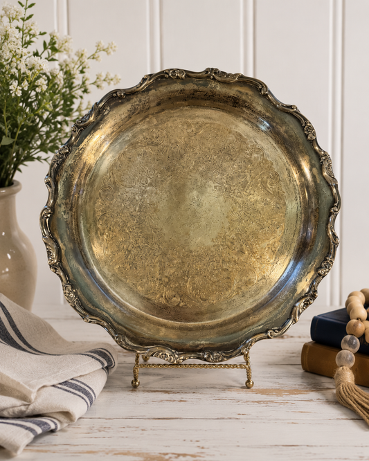 Wm Rogers Silverplate Vintage Heavy Serving Tray – 13” Round Etched Floral Scalloped Platter