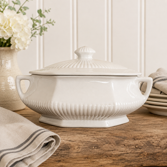 Adams Real English Ironstone Vintage Covered Vegetable Tureen – Cream White Ribbed Serving Dish – England