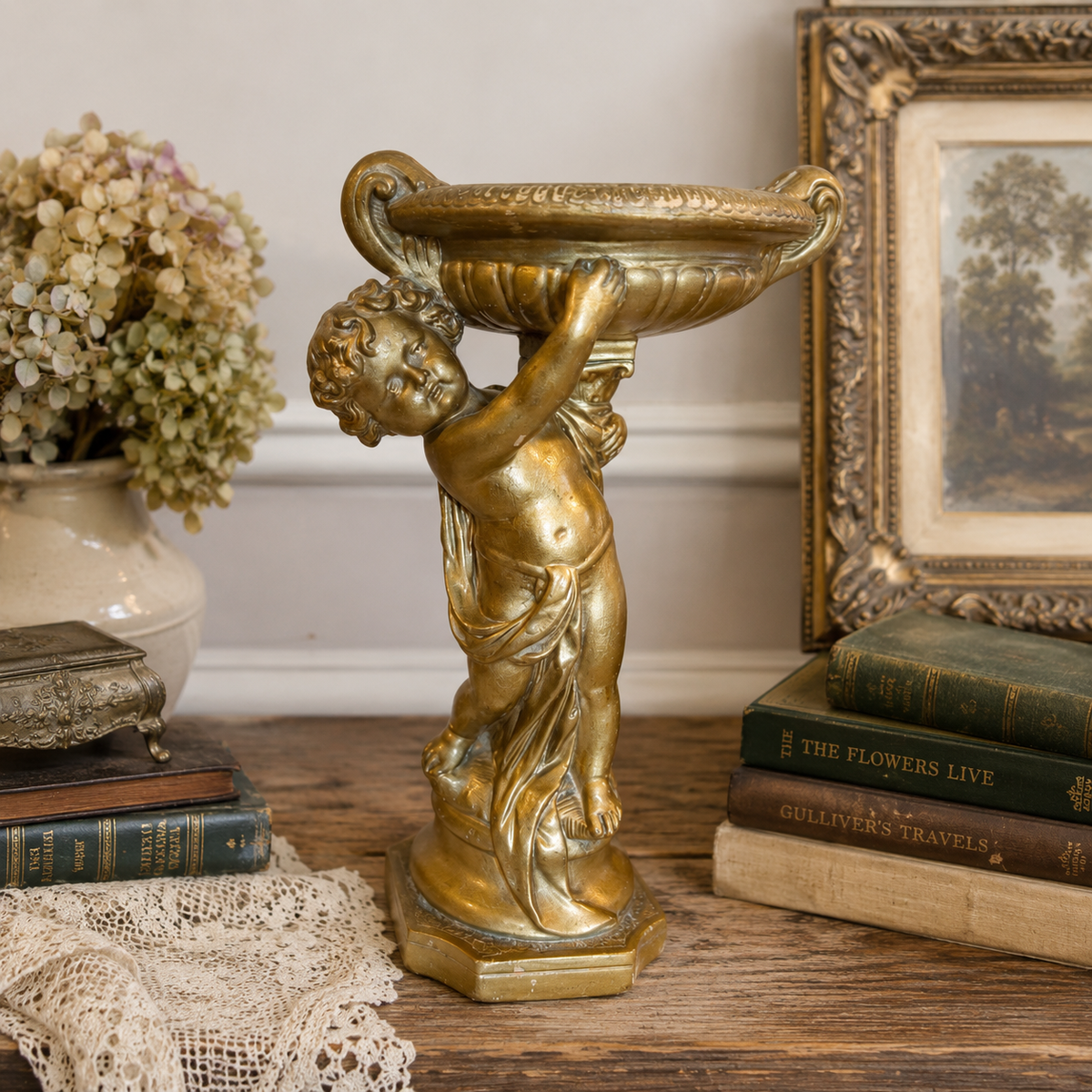 1950s–60s Alexander Backer ABCO Gold Chalkware Cherub Compote – 11.5”