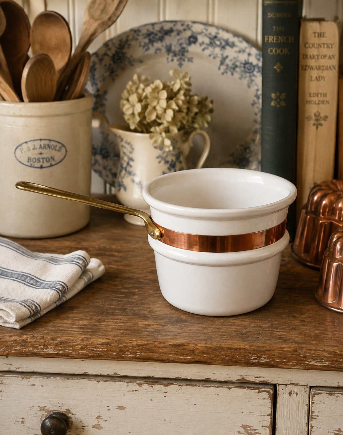 Ceramic Vintage Double Boiler Insert with Copper Band & Brass Handle