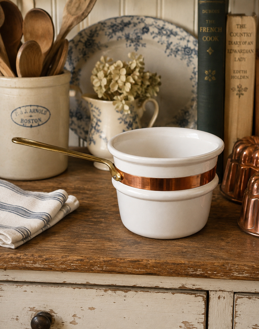 Ceramic Vintage Double Boiler Insert with Copper Band & Brass Handle