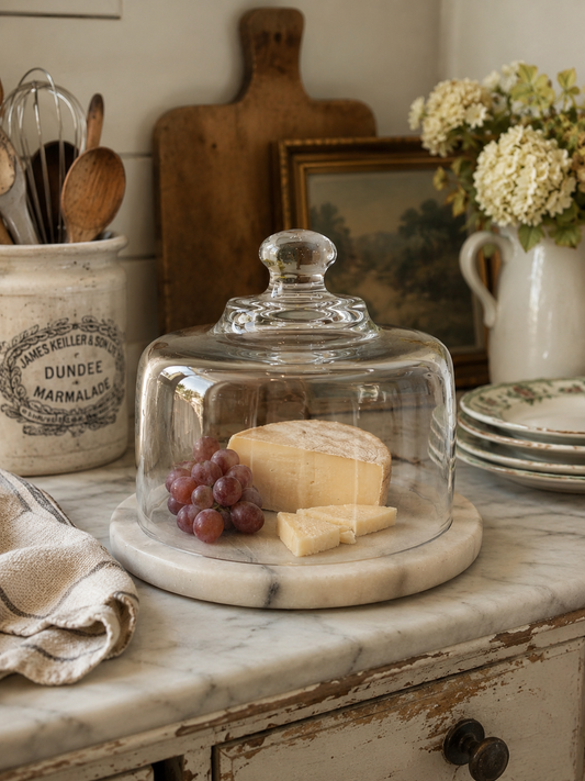 Marble & Glass Vintage Cheese Cloche | Café Style Serving Dome | Charcuterie & Kitchen Décor