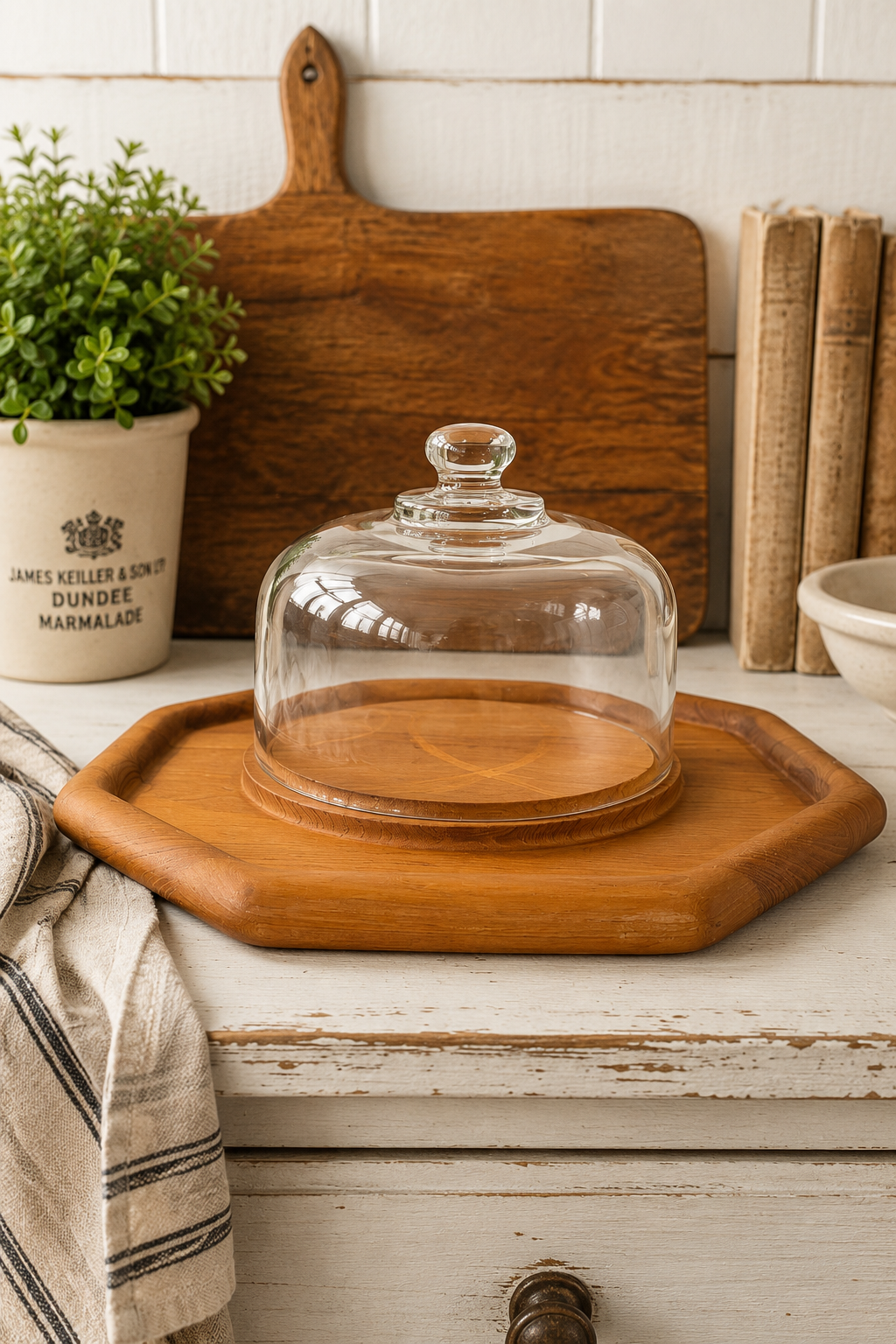 Vintage Mid-Century Modern Teak Cheese Board with Glass Cloche – 1970s Serveware