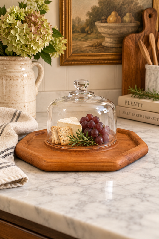 Vintage Mid-Century Modern Teak Cheese Board with Glass Cloche – 1970s Serveware