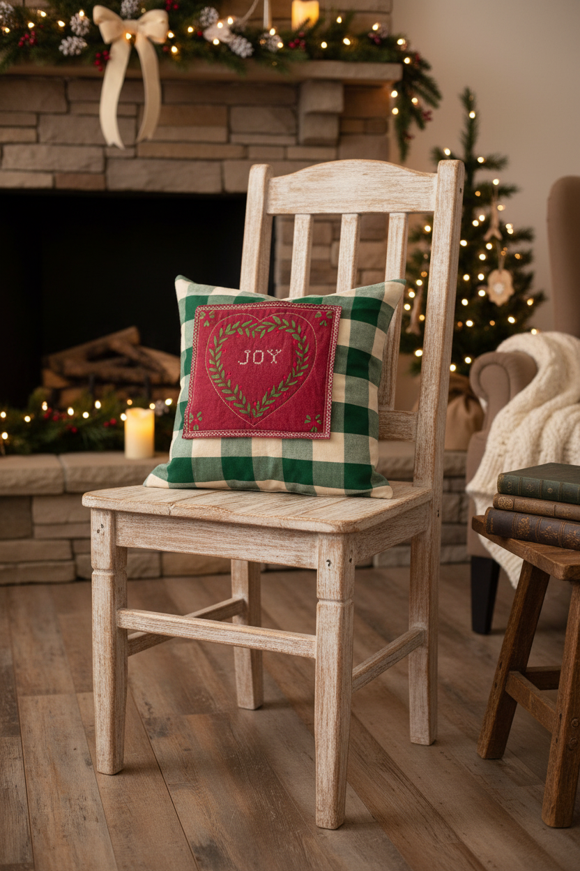 Handmade by Flea & Frame | One-of-a-Kind Christmas Throw Pillow | Vintage “JOY” Cross Stitch | Cottage Farmhouse Holiday Decor