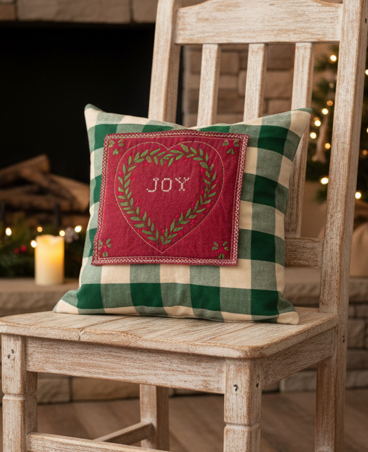Handmade by Flea & Frame | One-of-a-Kind Christmas Throw Pillow | Vintage “JOY” Cross Stitch | Cottage Farmhouse Holiday Decor