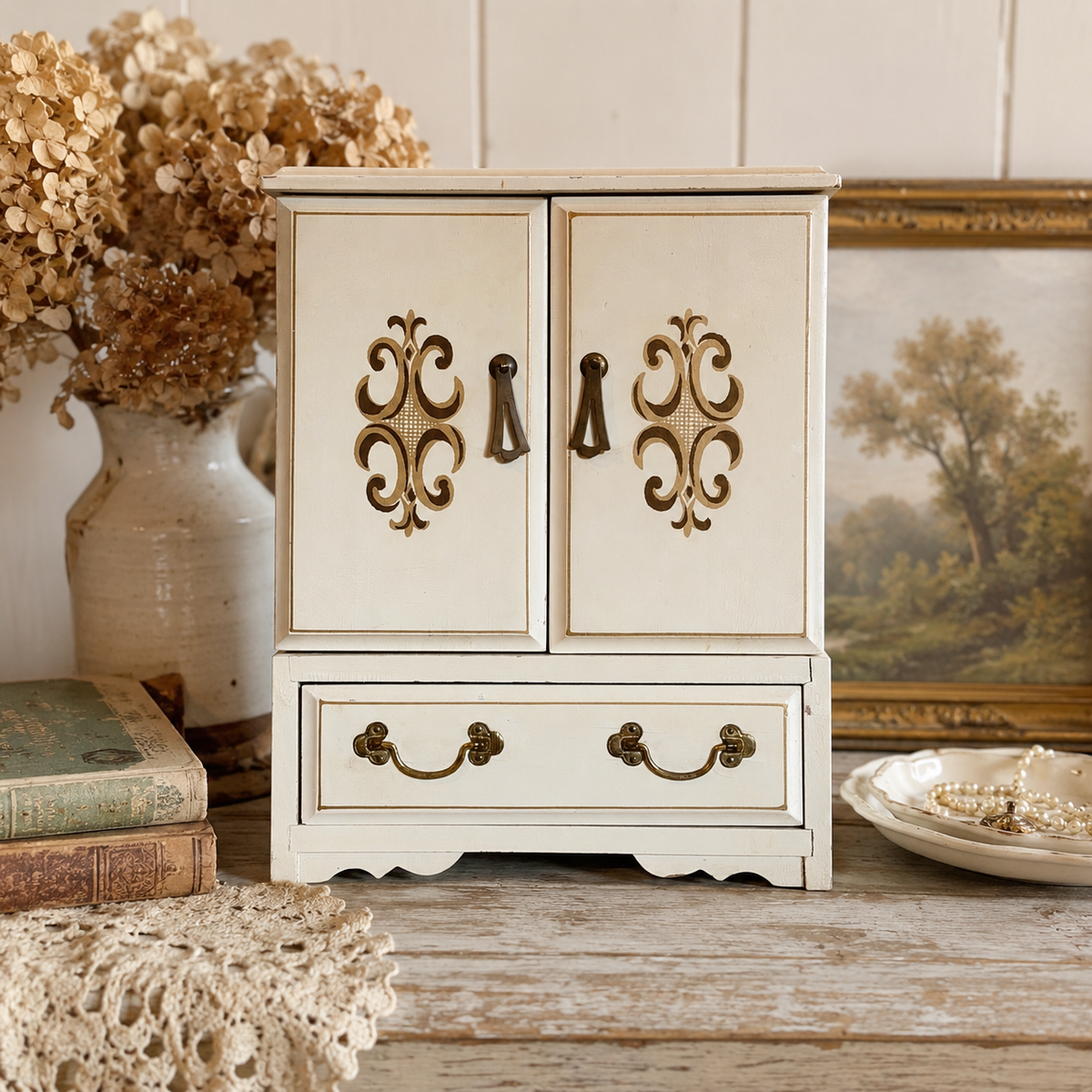 1970s French Provincial Jewelry Armoire Music Box – Cream & Gold