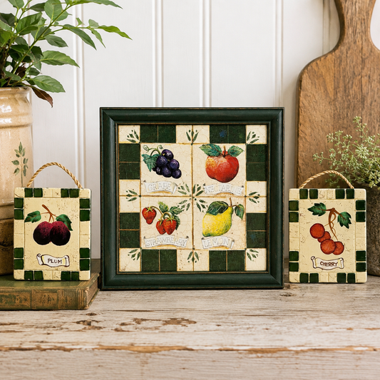 Cottagecore Vintage Pimpernel Style Fruit Tile Wall Decor Set | Framed Kitchen Art