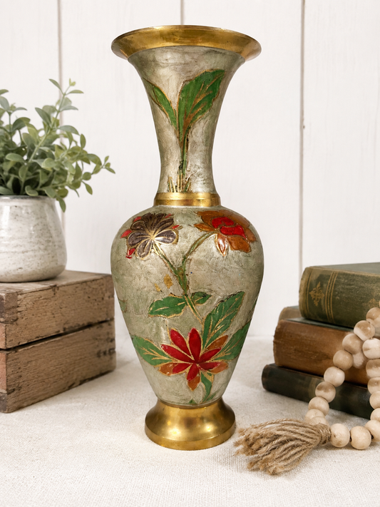 Enameled Vintage Brass Vase – Handcrafted Floral Cloisonné Style – Made in India – 9” Decorative Accent
