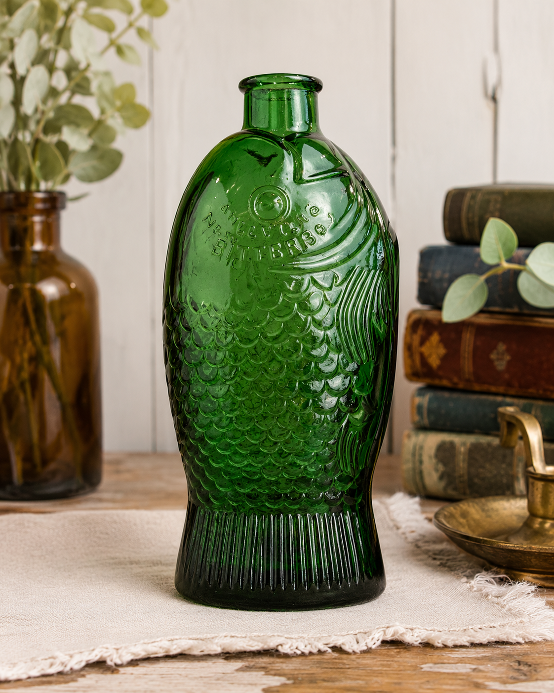 Wheaton Dr. Fisch’s Bitters Vintage Green Glass Fish Bottle – 7.5”