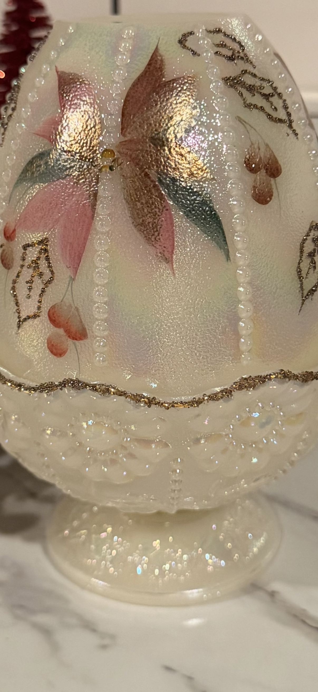 Fenton Ivory Opalescent Hand-Painted Poinsettia & Berries Beaded Fairy Light (1996) – Signed J. Cunningham