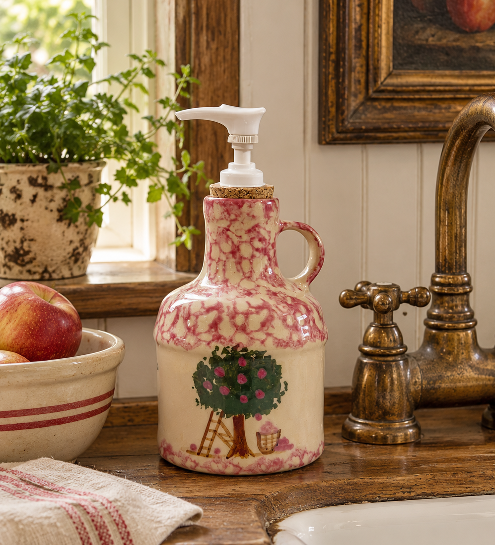 Alpine Pottery 1997 Cranberry Spongeware Jug Soap Dispenser – Roseville, Ohio