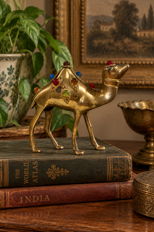 Handcrafted Vintage Brass Camel Figurine with Multicolor Stone Accents – India
