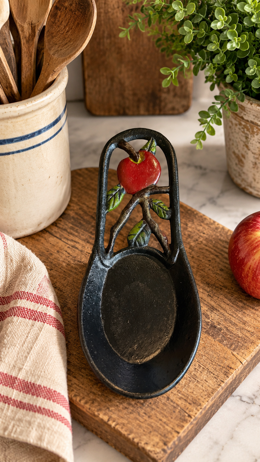 Cast Iron Apple Vintage Spoon Rest | Hand-Painted Rustic Farmhouse Kitchen Decor