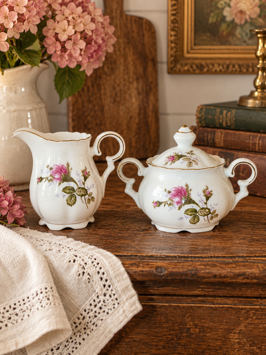 Moss Rose Vintage Porcelain Creamer & Lidded Sugar Bowl Set | Pink Roses Gold Trim