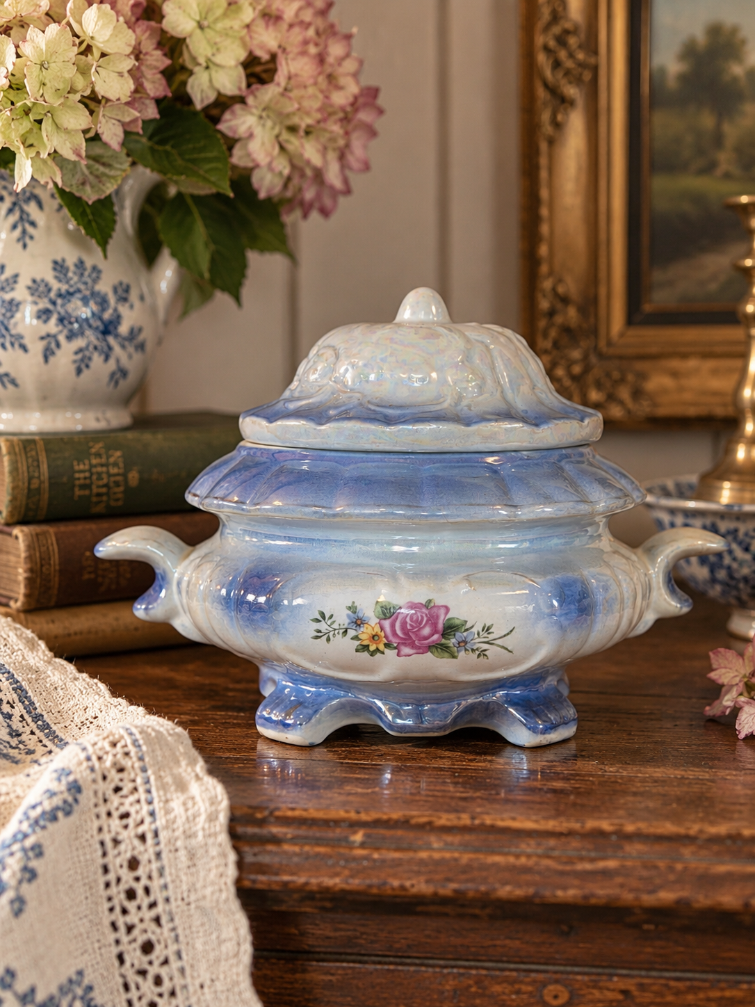 Blue Iridescent Lusterware Vintage Covered Serving Bowl | Pink Rose Floral Tureen