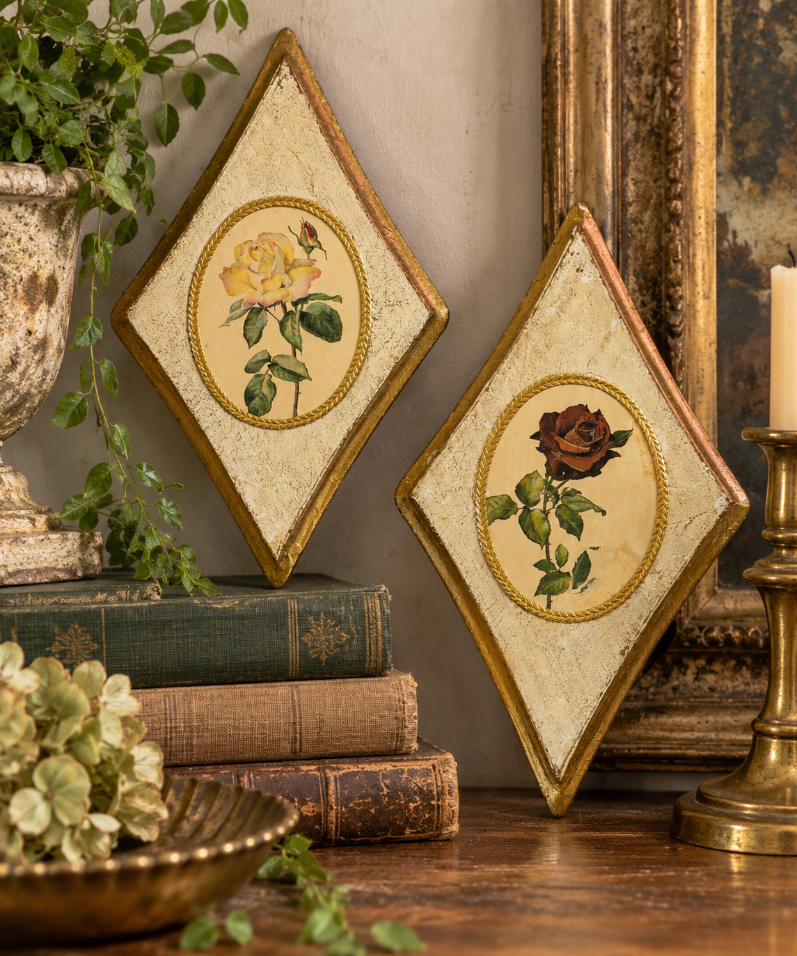 Italian Vintage Florentine Rose Wall Plaques – Pair of Diamond-Shaped Gilt Wood Botanical Art