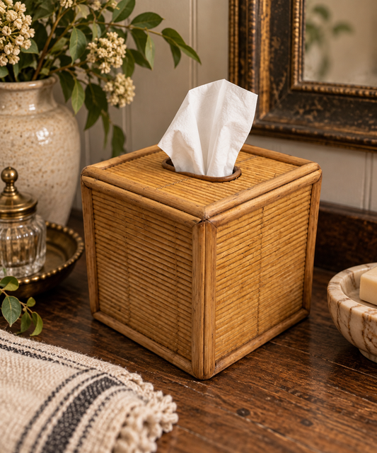 Woven Bamboo & Rattan Pencil Reed Vintage Tissue Box Cover | Boho Cottage Decor