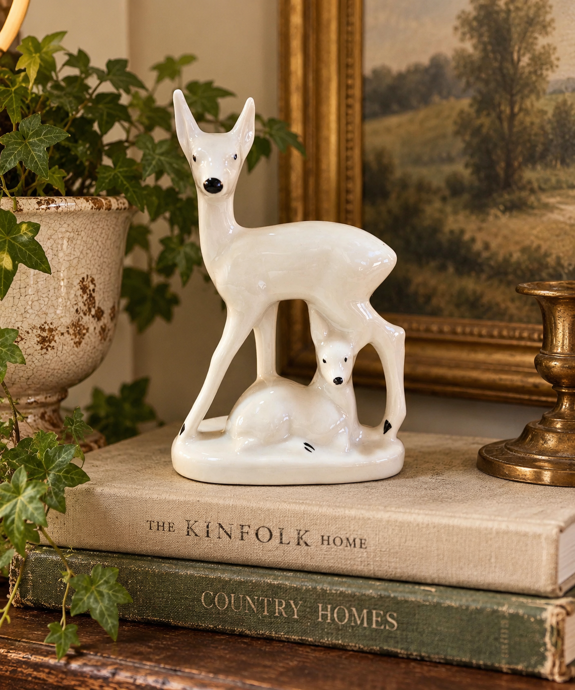 White Vintage Porcelain Doe & Fawn Figurine | Mid-Century Deer