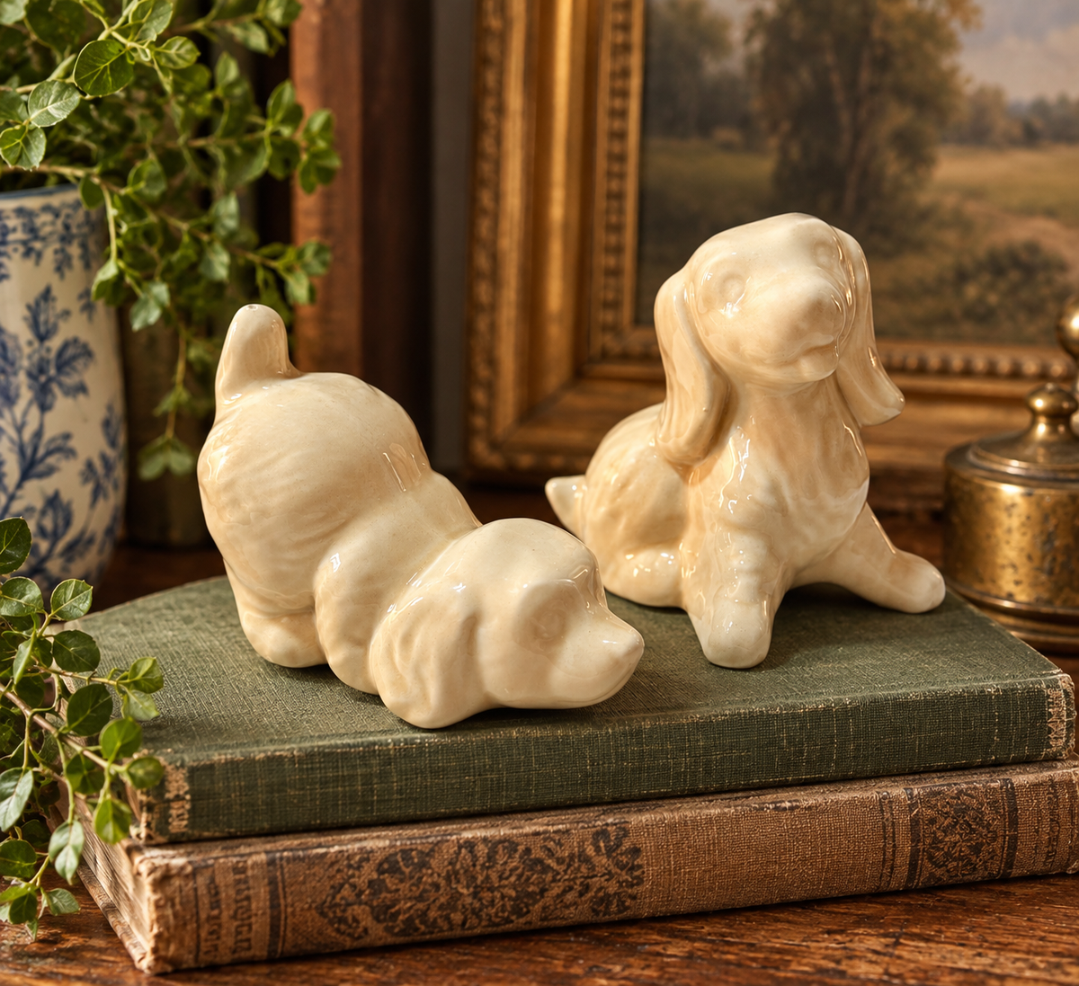 Cream Vintage Ceramic Spaniel Puppy Figurines – Set of 2