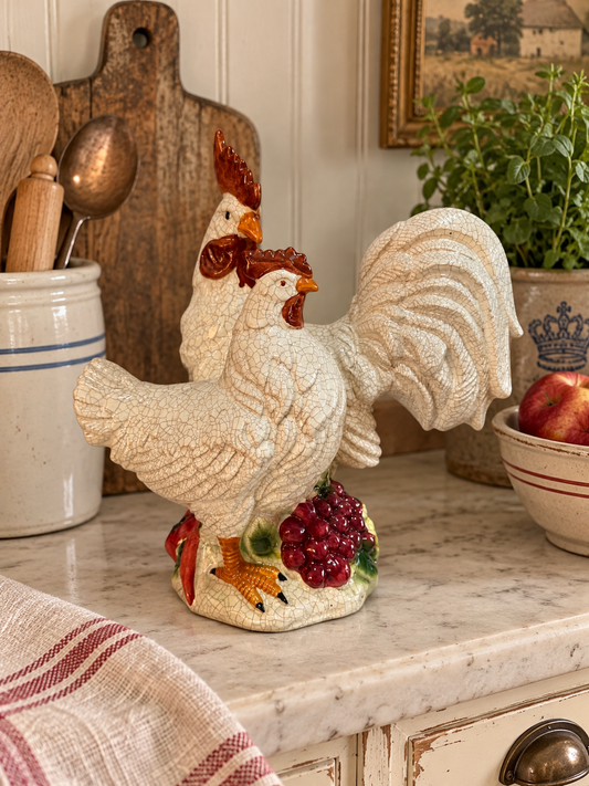 Large Crackle Glaze Vintage Rooster & Hen Figurine – French Country Farmhouse Décor - 15”