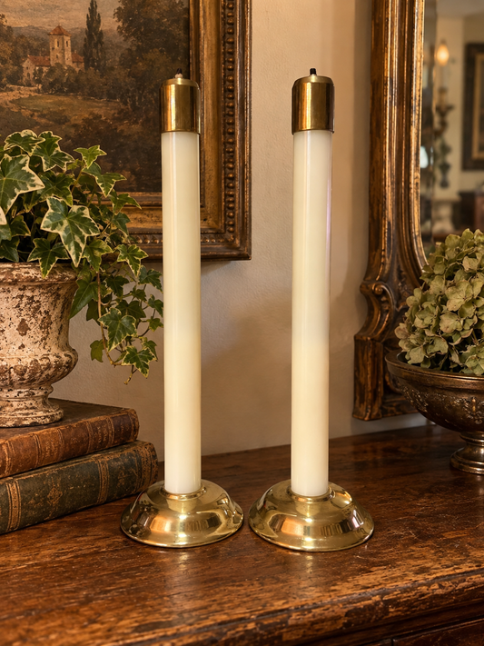 Pair of Vintage Brass Church Altar Oil Candlesticks – Refillable Faux Candles – 14”