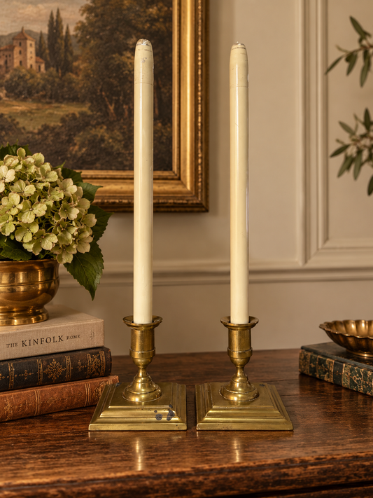 Antique Rostand Brass Candlesticks with Spring-Loaded Constant-Height Candles – Pair, c. 1910s–1930s - Rare Find